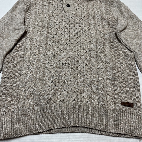 Buffalo David Britton Sweater Mens L Tan Cable Knit Mock Neck 1/4 Button Preppy - Picture 3 of 14